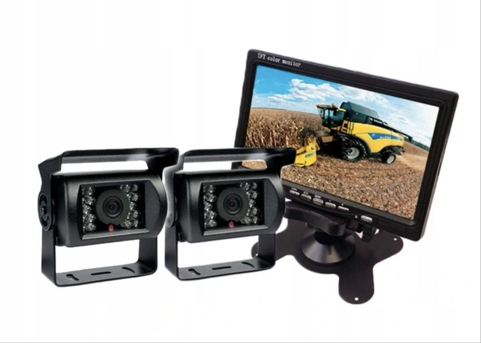 Zestaw monitor 7” z pilotem na stopce + 2x kamera cofania IR 12/24V
