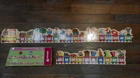 edukacyjne puzzle drewniane alfabet pociąg używane