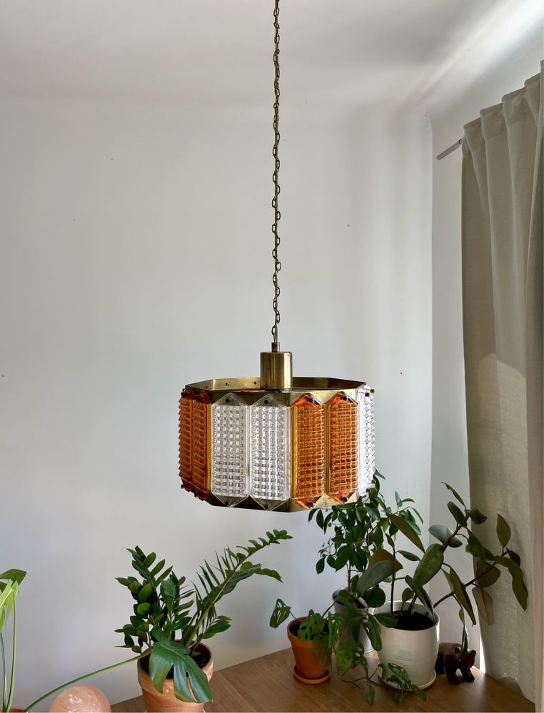 Lampa sufitowa, mosiądz i szkło, V. Berndt, Szwecja, vintage, lata 60