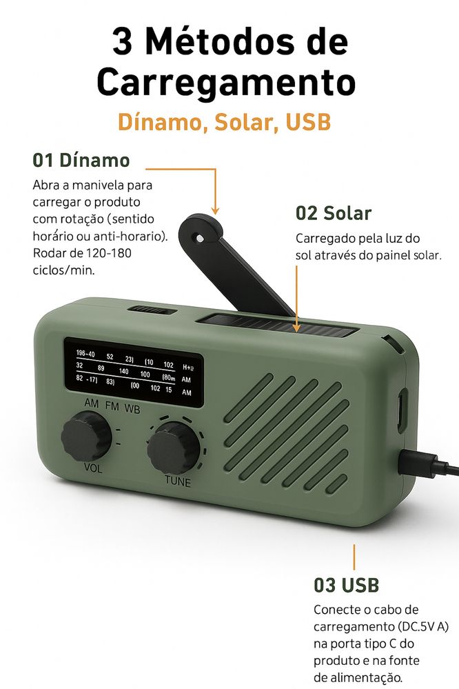 Rádio de Emergência Portátil Multifunções 6 em 1