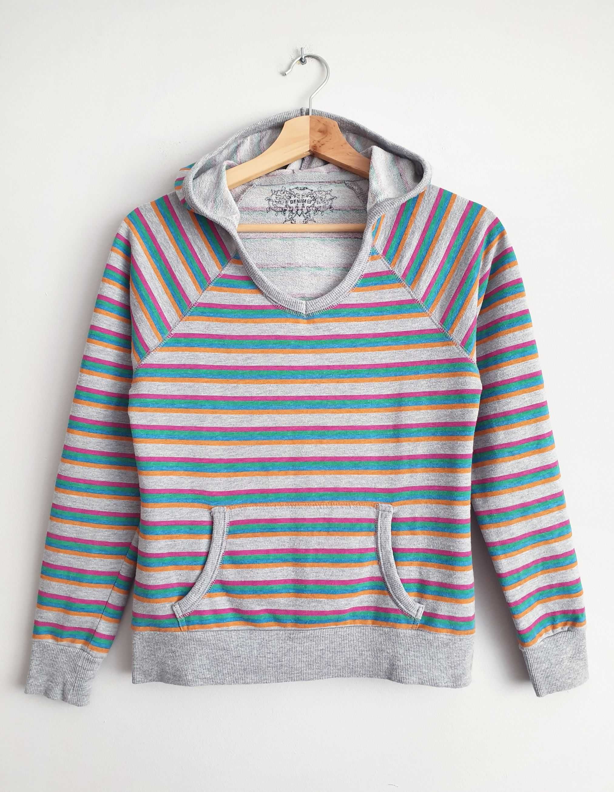 Bluza Z Kapturem Kangurek Hoodie Szary W Kolorowe Paski Y2K 00s Vibe S