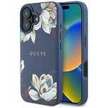 Etui Guess Grained Printed Flower Pattern MagSafe do iPhone 16 niebies