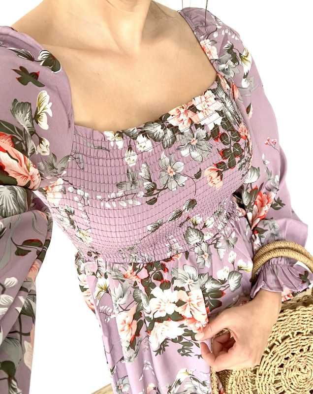Liliowa sukienka w kwiaty S fioletowa boho wesele