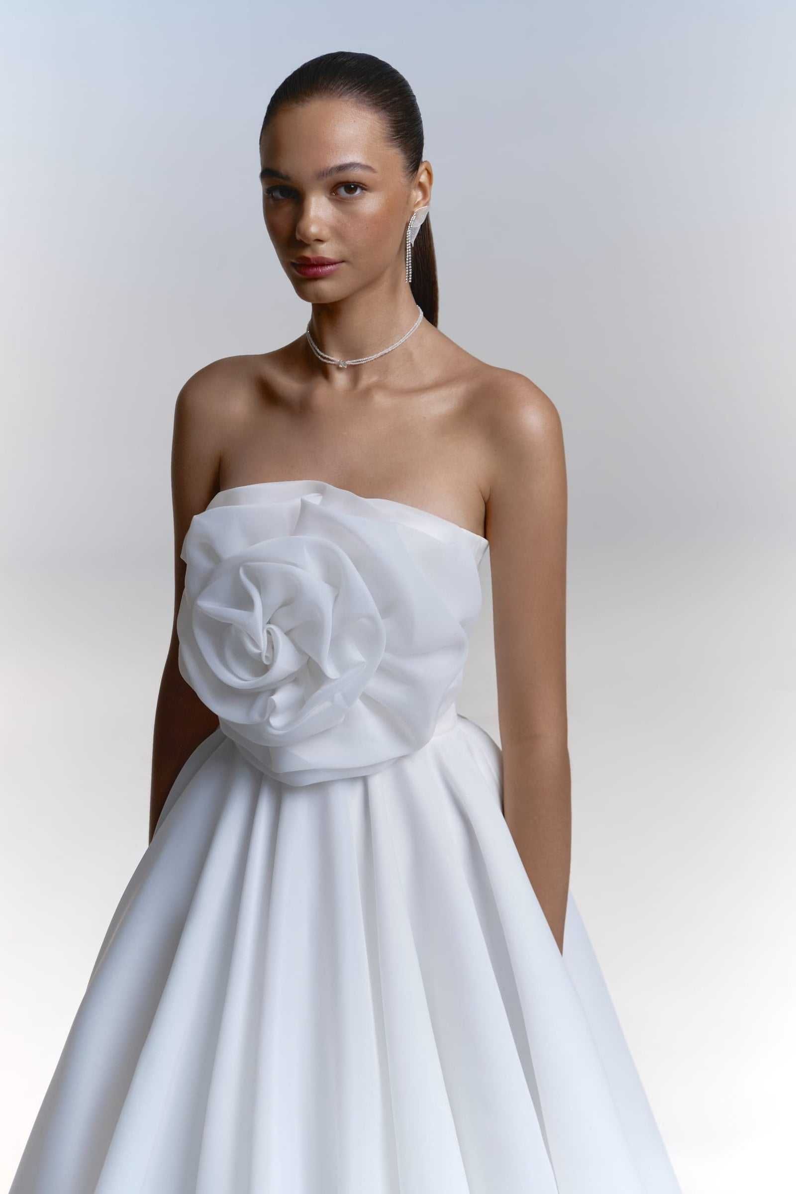 Wedding dress tulle maxi dress strapless corset and rose flower detail