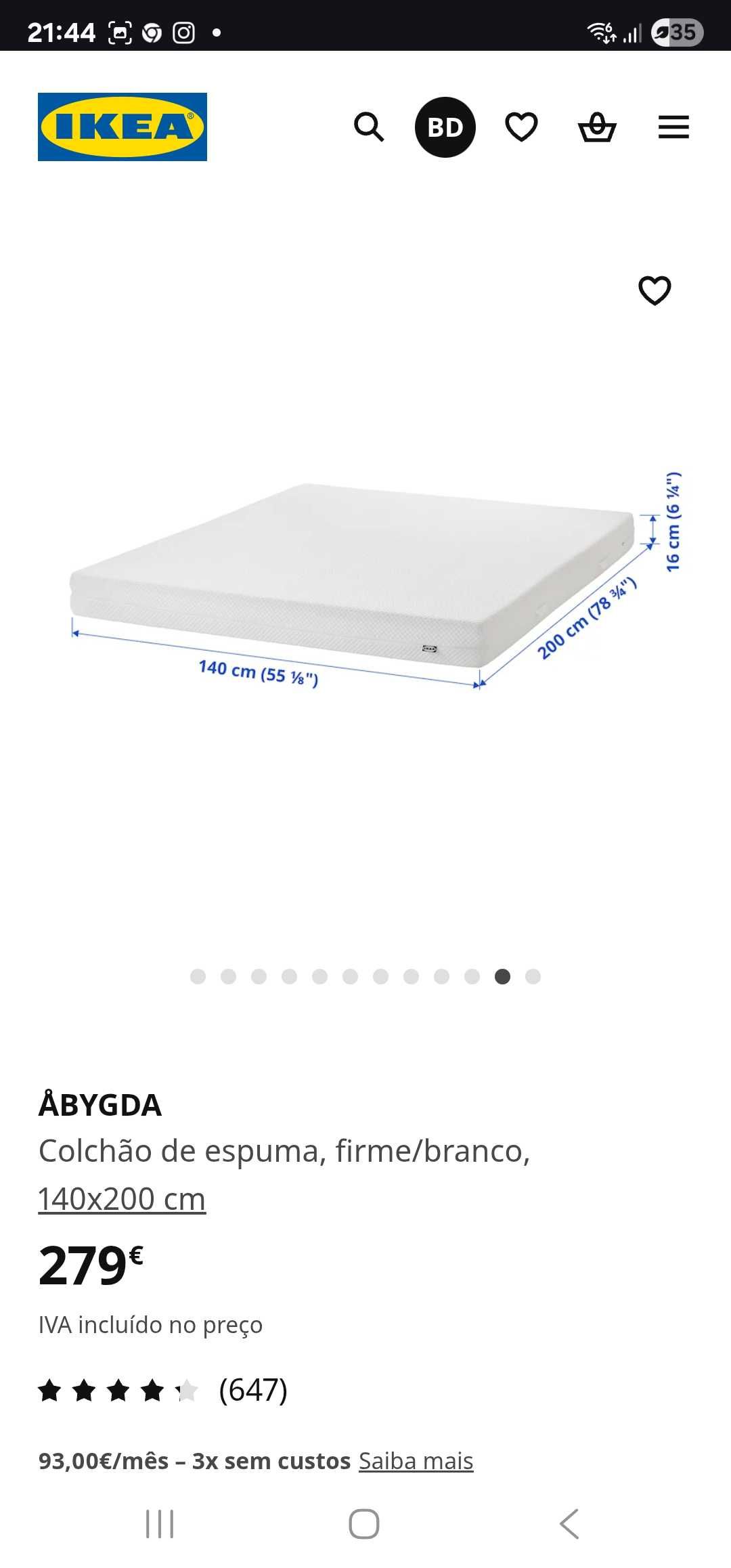 Colchão memory foam ikea Abygda
