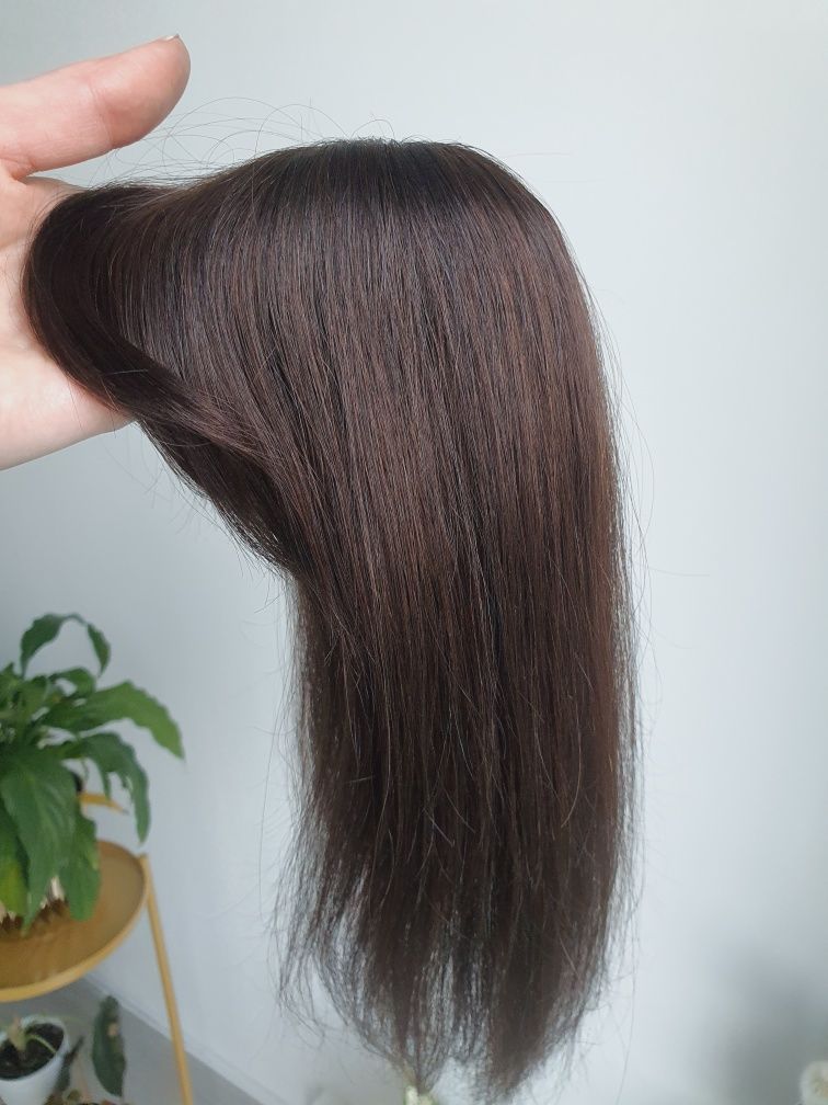 Mini Tupet topper z włosów naturalnych w 100% ciemny brąz z grzywką