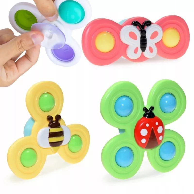 Zestaw 3 przyssawki sensoryczne grzechotka top spinner dla niemowląt