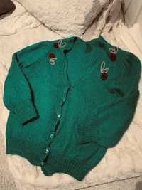 Sweter zielony moherowy vintage haftowany retro kardigan kwiaty