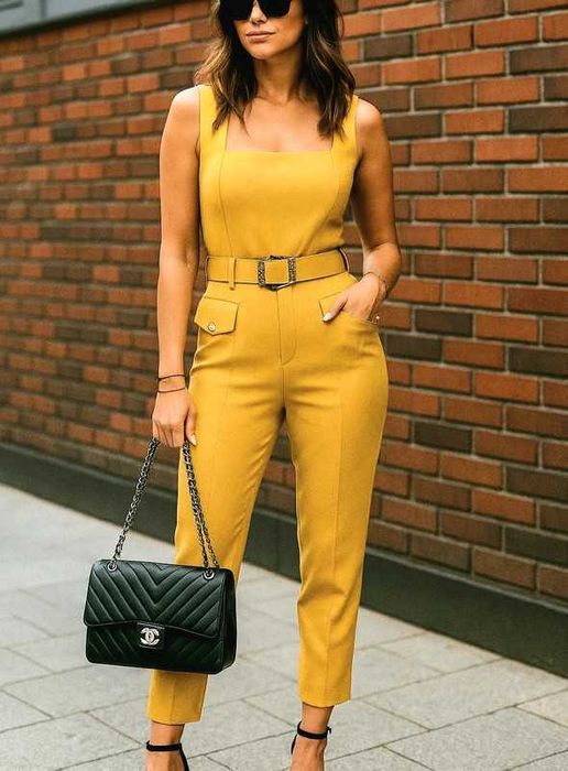 Elegancki włoski żółty musztardowy kombinezon roz.M