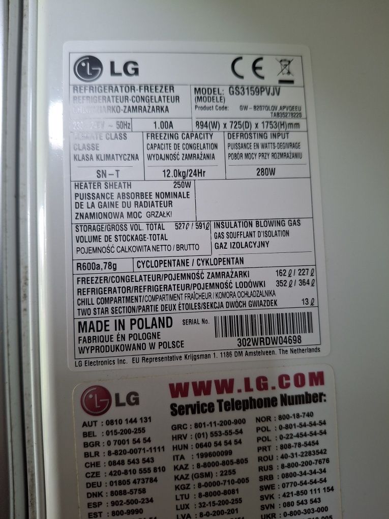 Lodowka lg gs3159pvjv uszkodzona