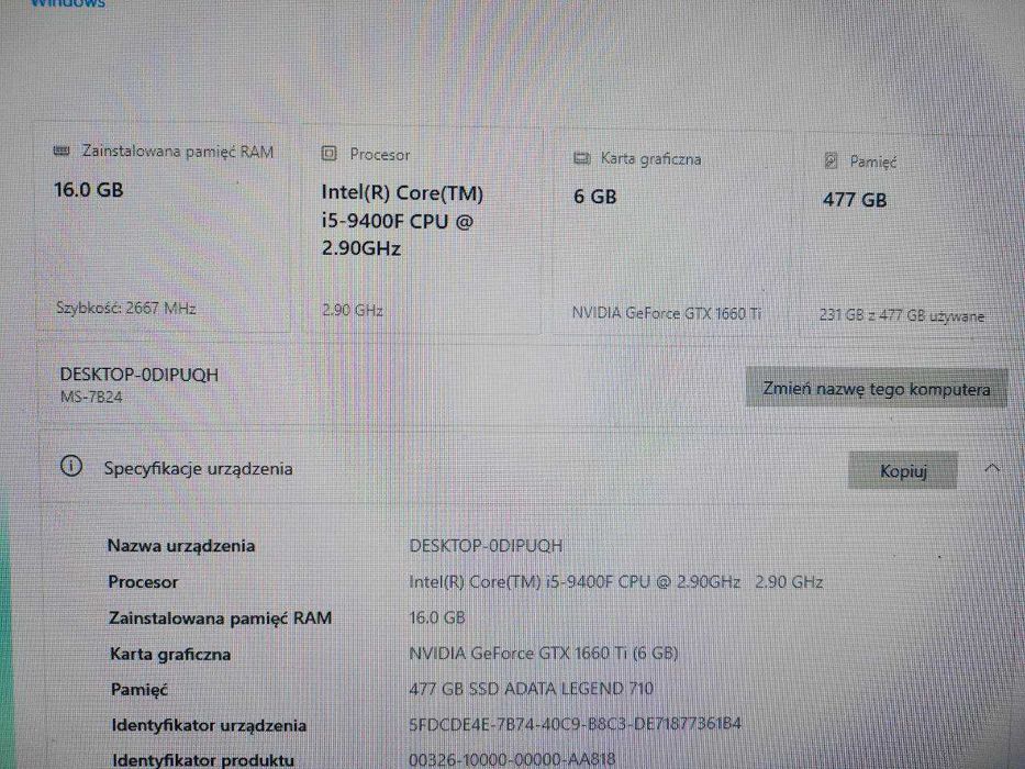 Komputer Gamingowy i5 9400F /GTX 1660 Ti / 16GB / SSD M.2 512GB