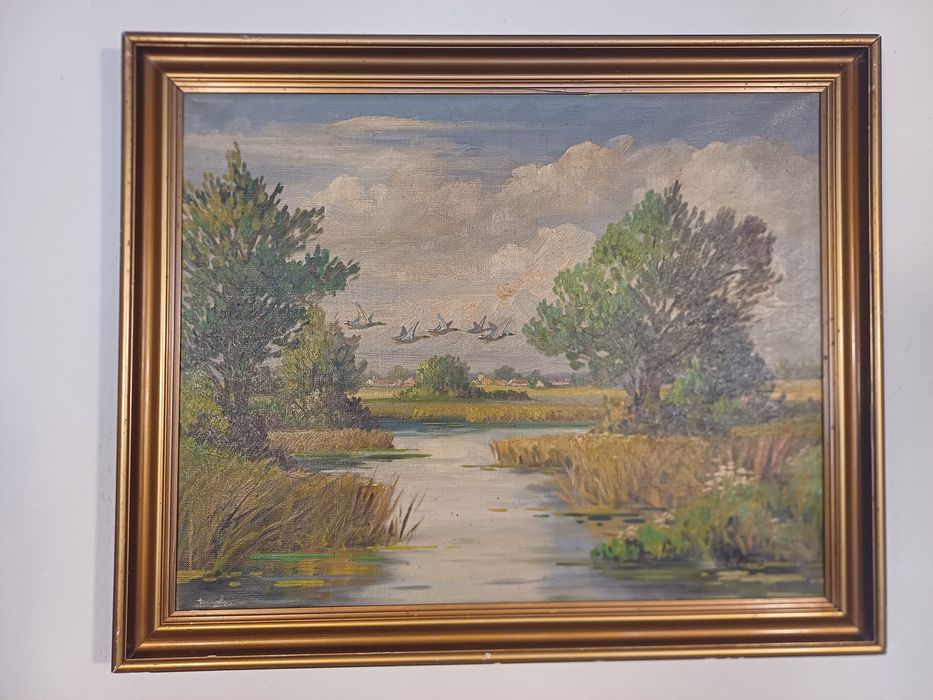 Stary obraz na płótnie sygnowany A. Friis