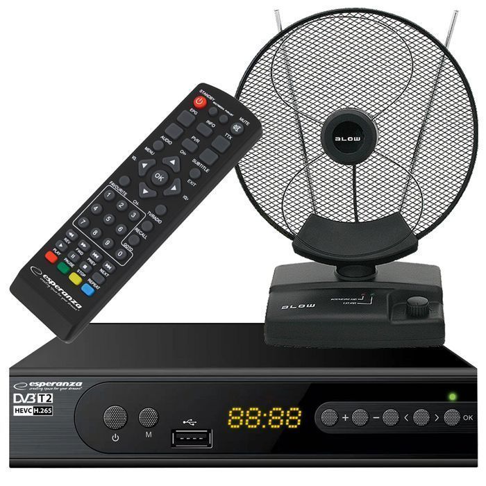 Zestaw telewizji naziemnej tuner cyfrowy DVB-T2 + antena pokojowa