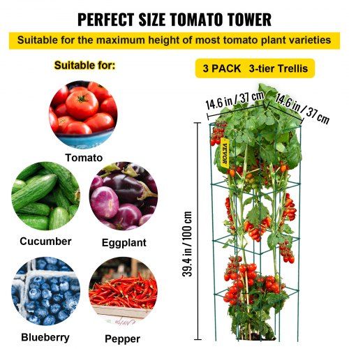 Gaiolas de tomate, suporte para plantas, 3 peças, aço, 3,3 pés, verde