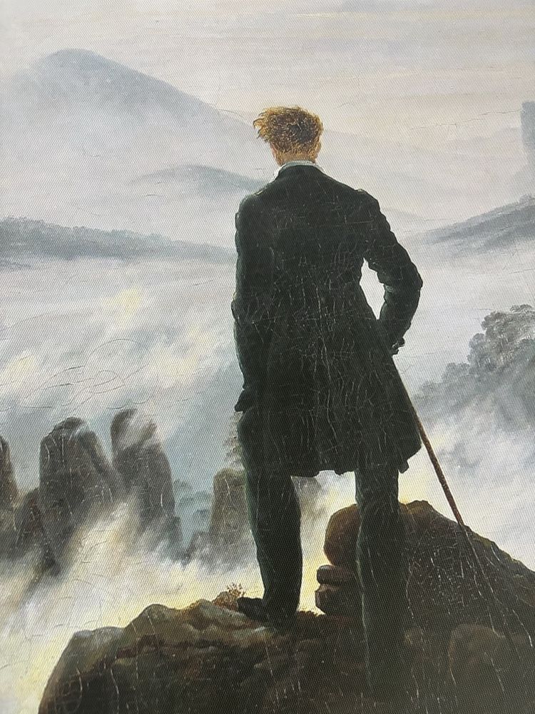 Plakat 80 x 60 płótno wędrowiec nad morzem mgły Friedrich napis obraz