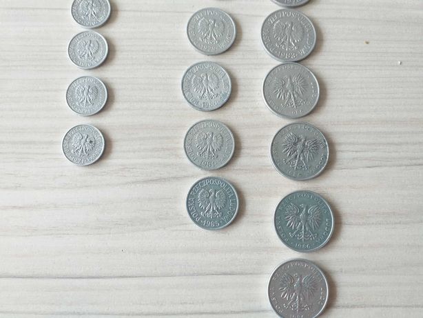 Monety groszowe 1, 5, 10, 20 i 50.