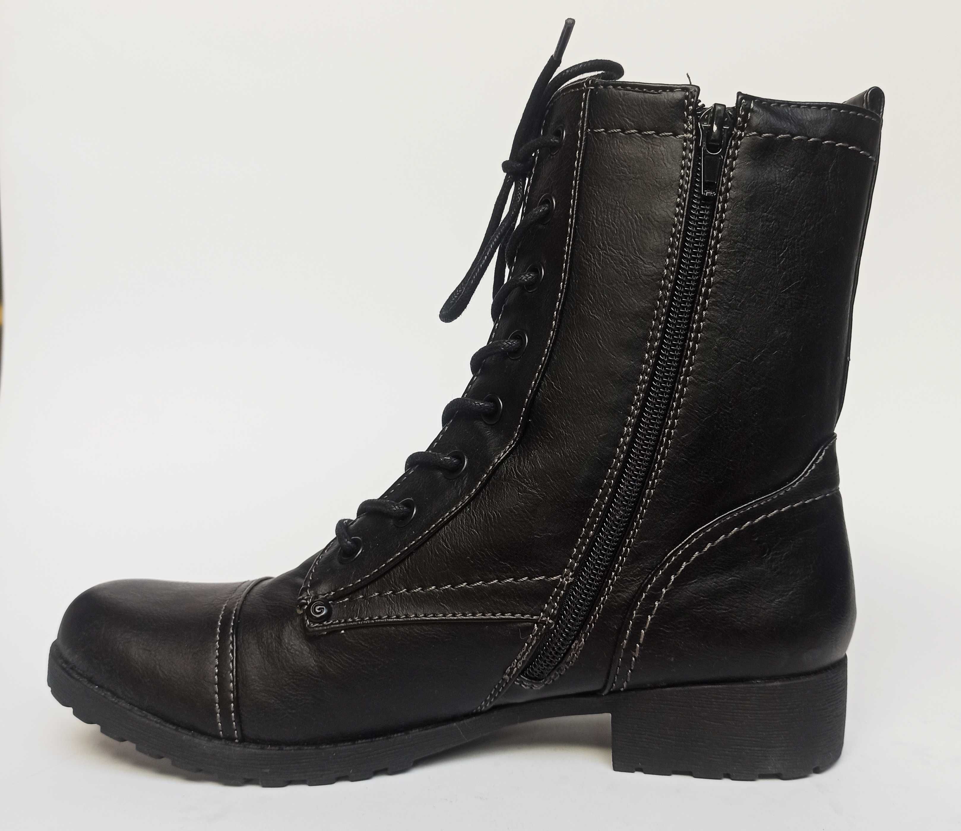 GUESS Trapery Kozaki Botki Militarne Kombat Martens Czarne Workery