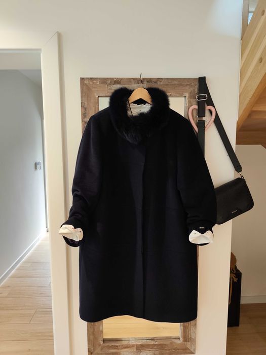 JASS elegancki płaszcz damski granatowy futro lisa wełna angora 48