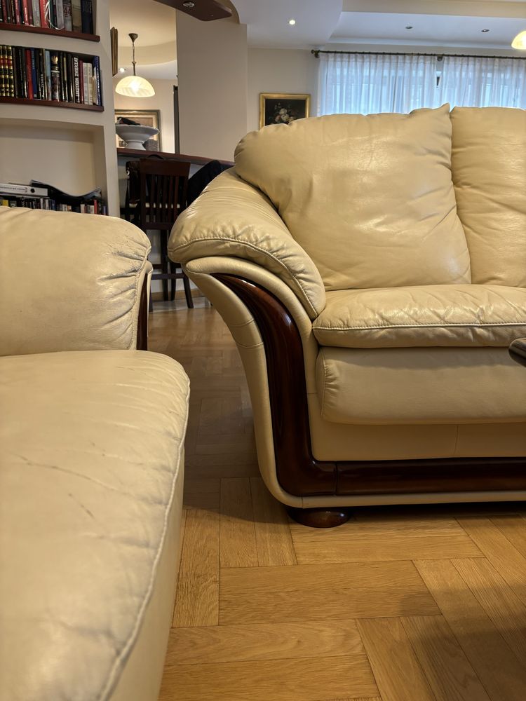 Skórzany komplet do salonu sofa | dwa fotele | podnóżek
