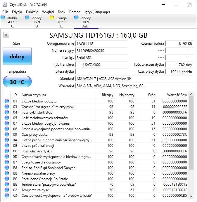 Dysk twardy Samsung HD161GJ 160GB SATA II HDD sprawny – stan dobry