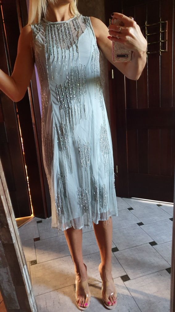 Asos śliczna sukienka ekskluzywna impreza wesele frędzle cekiny midi X