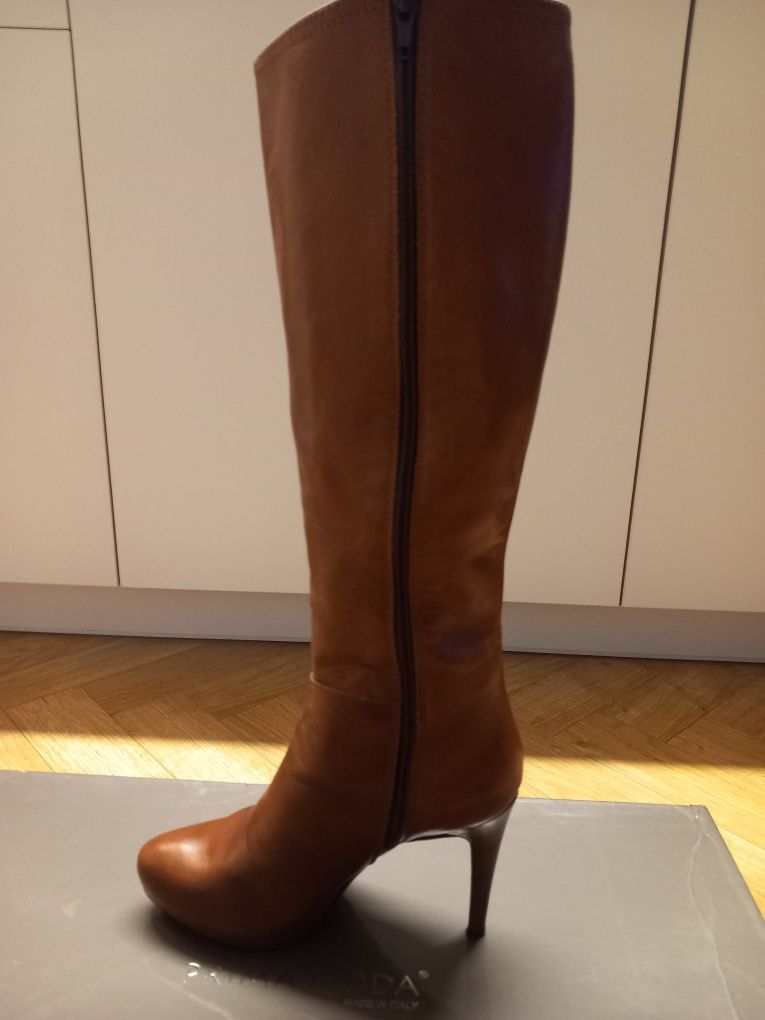 Prima Moda włoskie kozaki skórzane cuoio 10cm szpilka karmelowe 36