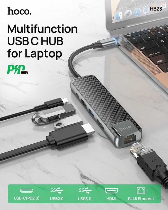 Хаб Hoco HB23 5 в 1 Type-C HUB MacBook air pro переходник xiaomi Samsu