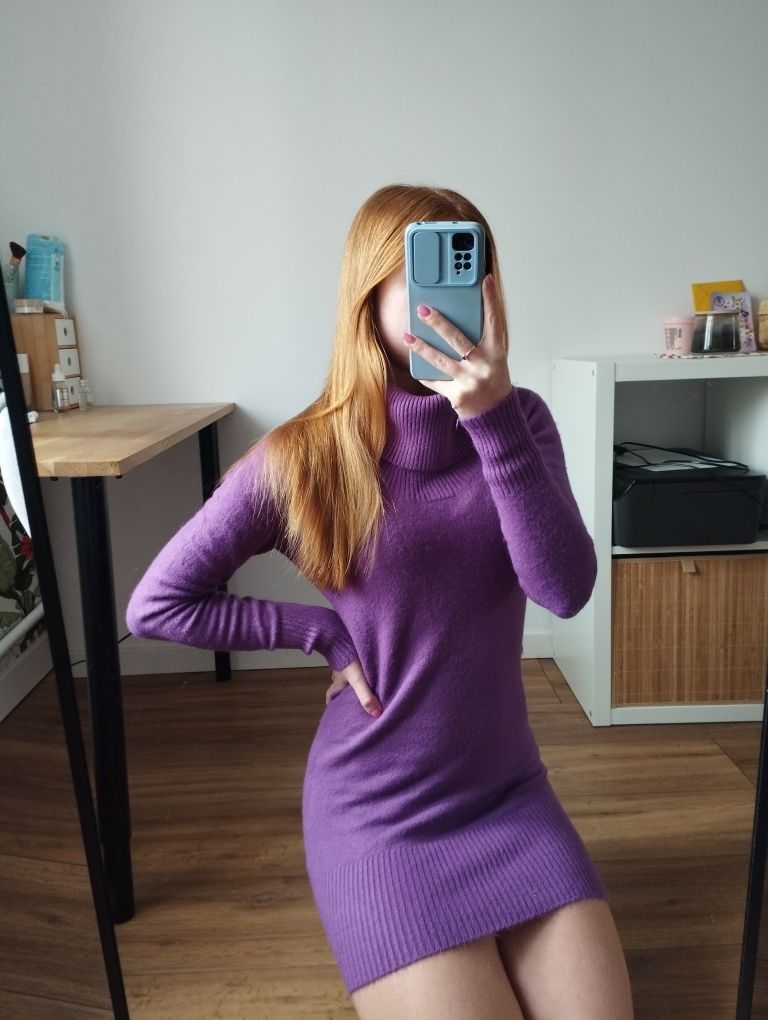 Sukienka mini fioletowa z długim rękawem, S 36. XS 34. Wełna, bawełna,