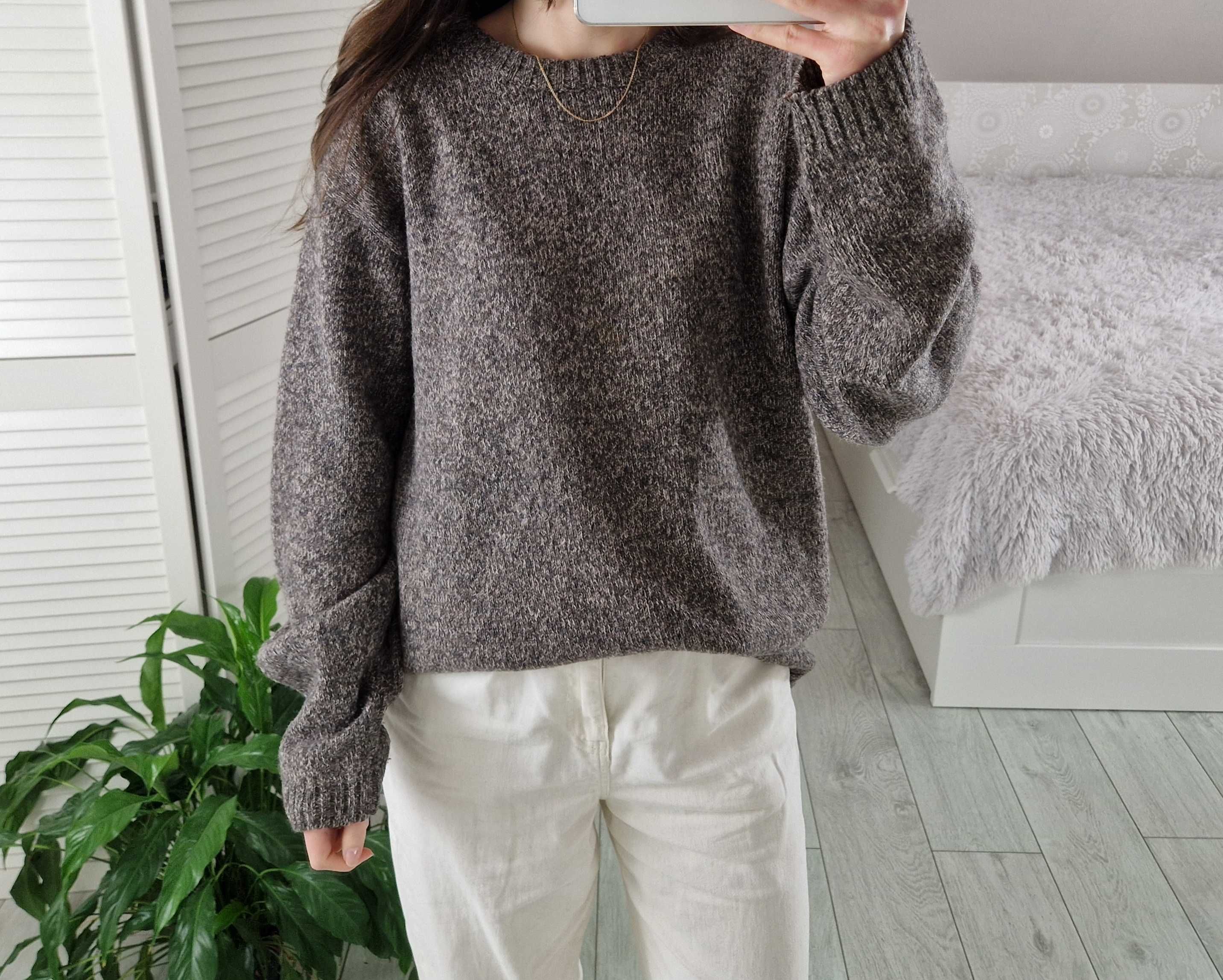 Sj-05 khaki brązowy wełniany sweter 80% lambswool wełna vintage XL