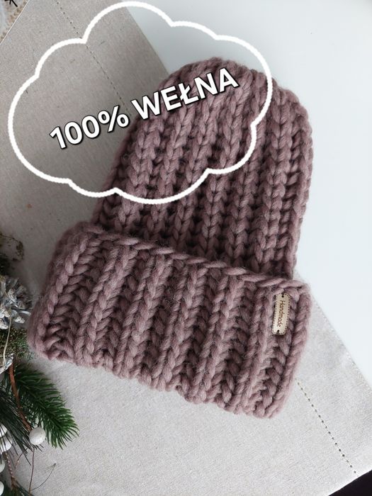 Czapka zimowa wełna na drutach glina beanie ręcznie robiona