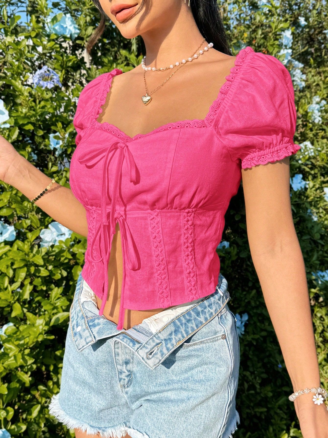 Bluzka Lniana Letnia Z Dekoltem Serce Różowa Casual Shein Xl 42