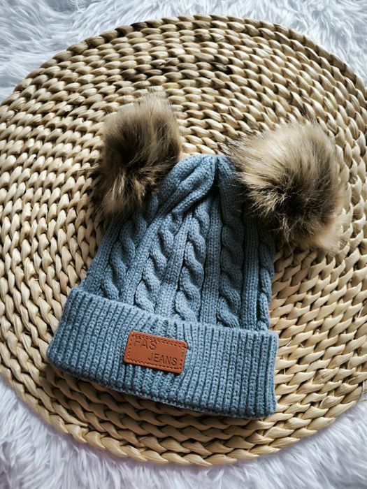 Czapka jesienno-zimowa z dwoma pomponami szara 1-3 lata