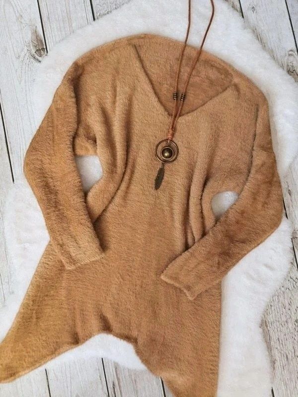 Sweter Alpaka Fluffy Camel Asymetryczny Dłuższe Boki Boho Hippie Retro