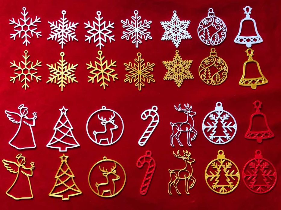 Zestaw ozdób świątecznych – gwiazdki, płatki śniegu, dzwonki i choinki