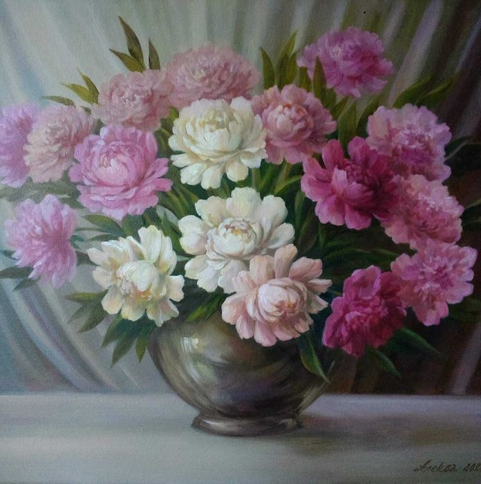 "Букет пионов в вазе",картина маслом