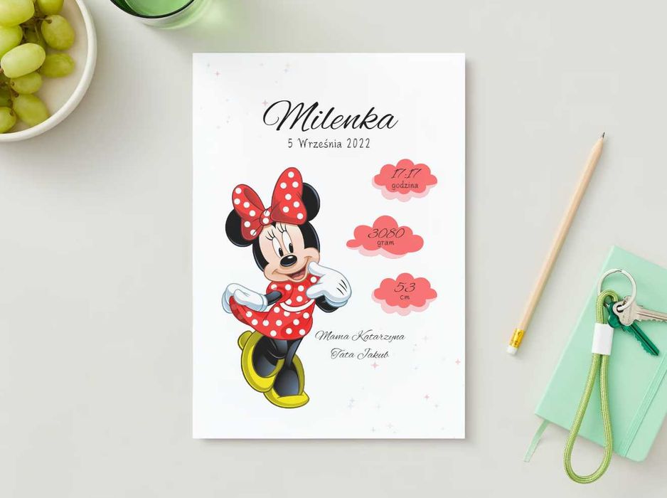 Metryczka dla dziecka prezent myszka Miki/Minnie