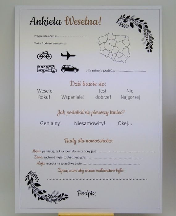 Ankieta Weselna A4 papier 220 g lub 2 szt. A5 - Kartonik Ślub Wedding