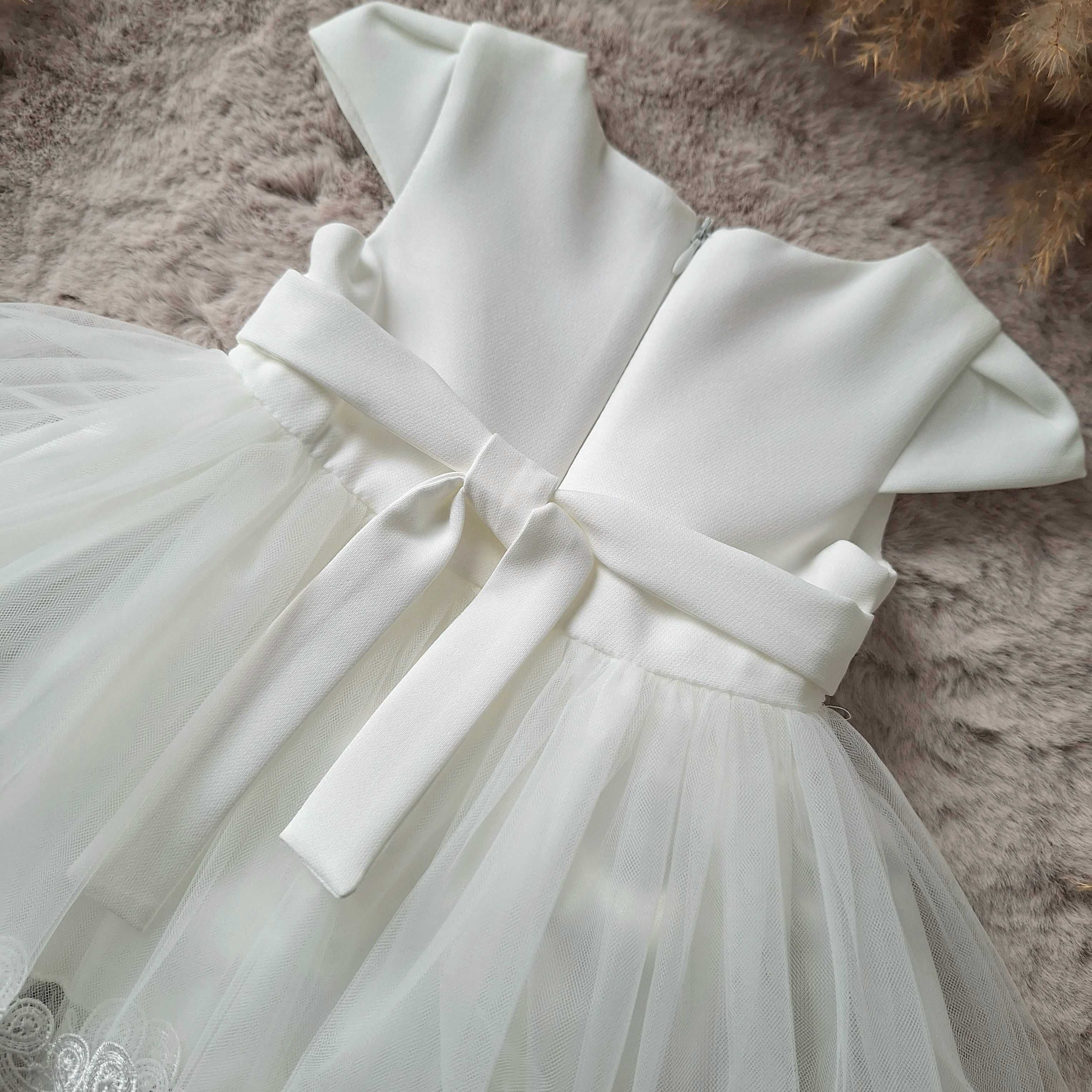 Sukienka tiulowa dla dziewczynki koronkowy pasek chrzest wesele ecru