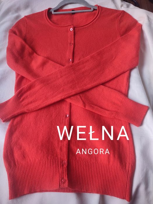 Kardigan damski Benetton – wełna + angora, unikatowy Hot Coral S