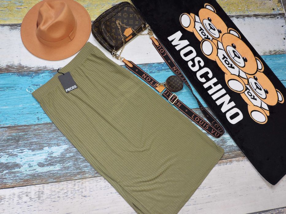 Pieces Nowa spódnica midi khaki rozporek M