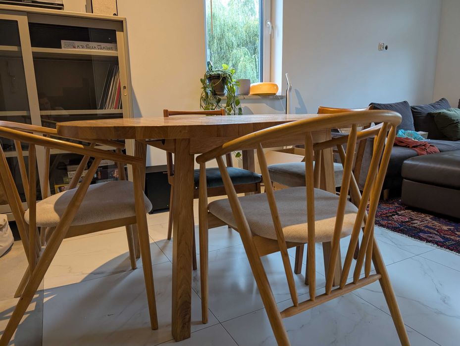 Okrągły stół dębowy rozkładany, średnica 100 cm + 40 cm