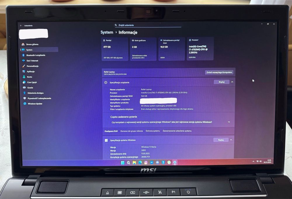 Laptop MSI CX70 - i7 4702MQ (4/8) | 16GB DDR3 | GT740M 2GB | 500GB SSD