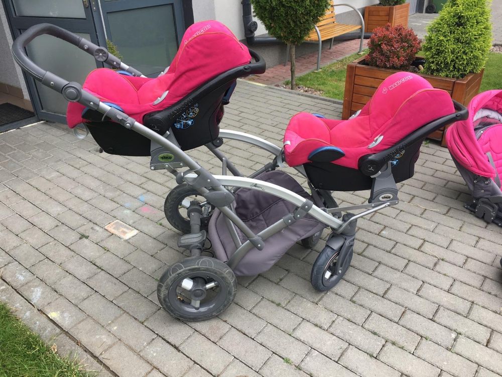 Wozek blizniaczy 3w1 rożowy