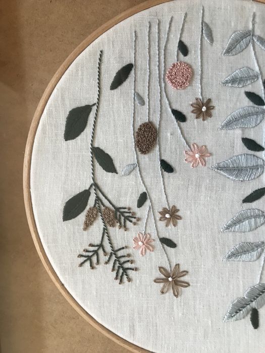 Quadros bordados à mão com motivos de flores.