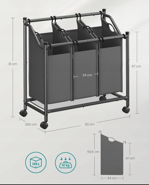 Kosz na pranie mobilny 3 komorowy 135L sorter wózek na pranie