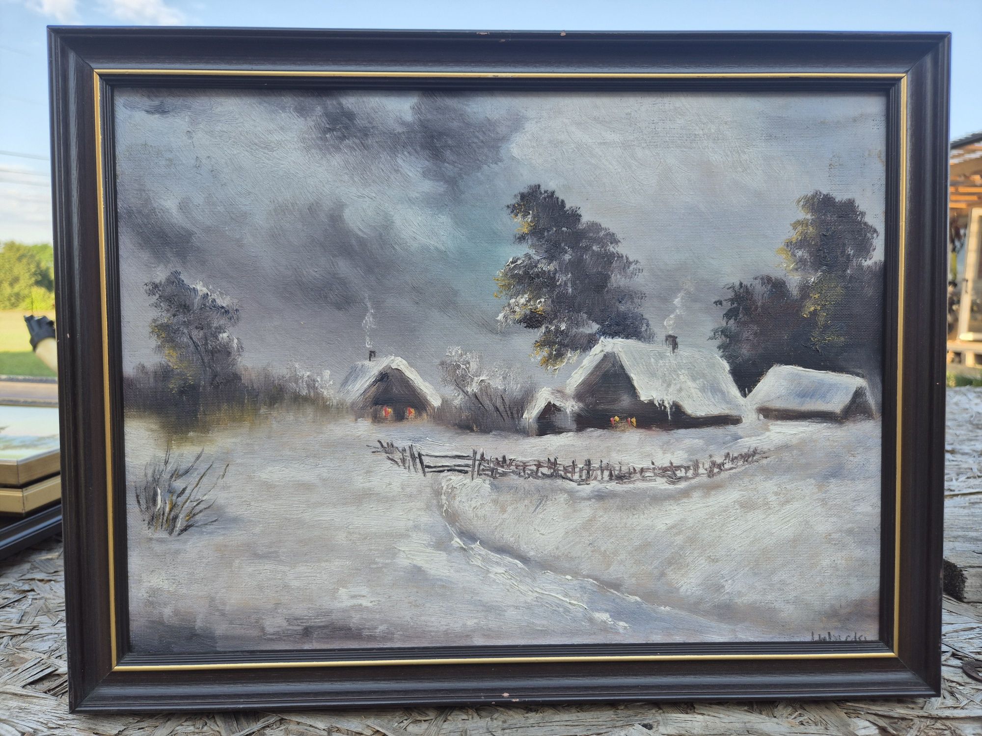 Obraz olejny – zimowy pejzaż, sygnowany
Obraz