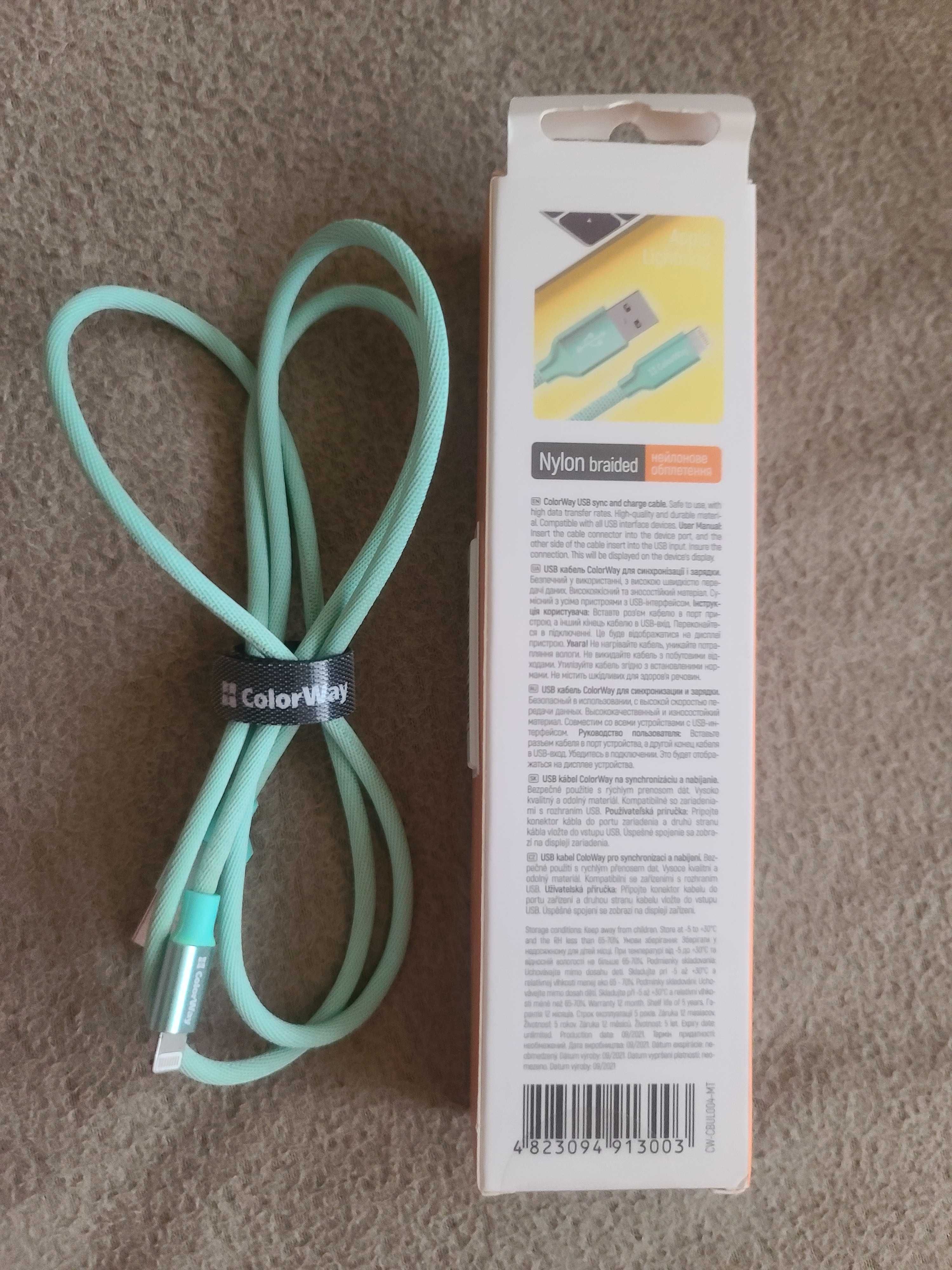 Кабель ColorWay синхронізація зарядка USB Apple Lightning 2.1А 1м Mint