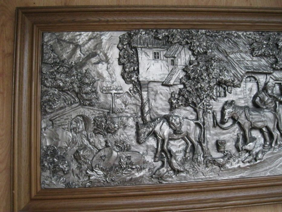 Obraz, cynowy relief, scenka rodzajowa przy młyńskim kole, super stan.