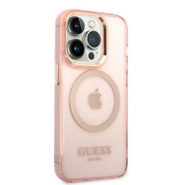 Guess Etui iPhone 14 Pro Różowy Gold Outline Translucent MagSafe