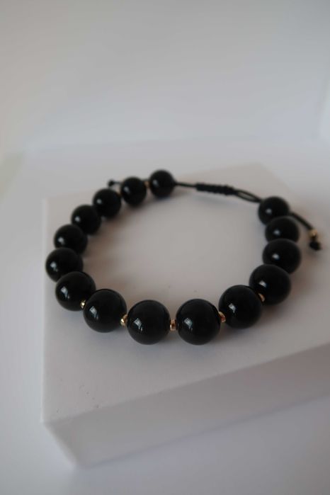Czarna Sznurkowa Bransoletka ze Złotymi Kulkami | Próba Złota 585